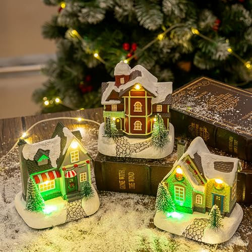 Weihnachtsdeko Weihnachtshaus Beleuchtet | Weihnachtsdorf Häuser Aus Harz | Lebkuchenhaus Deko Batteriebetrieb | 3D Winterlandschaft Deko Weinachtsdekorationen Für Weihnachtliche Heimdeko (A+B+C)