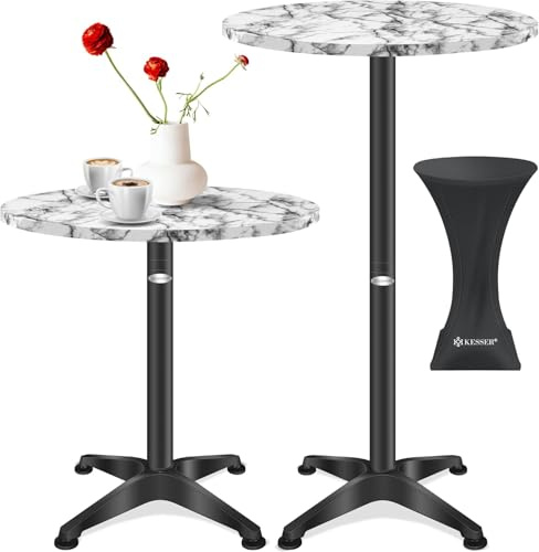 KESSER Mesa de bistró 2 en 1 – Bandeja de aluminio y acero inoxidable – Altura ajustable 70/115 cm – Mesa redonda – Interior y exterior – Funda – Mármol