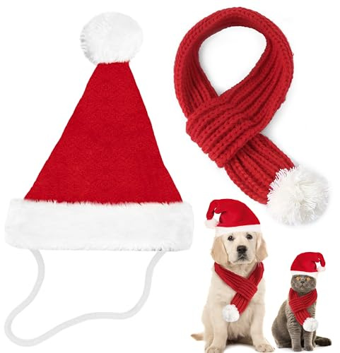 TirEurt Hund Katzen Kostüm Weihnachten - 2 Stück Haustier Weihnachten Kostüm Kleidung, Rot Weihnachtsmütze und Schal Weihnachtskostüm Outfit Weihnachtsmütze für Klein Hund Katze, Größe M