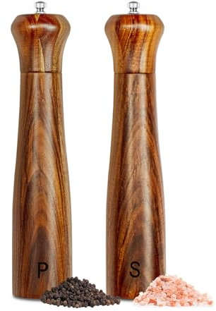 Pepper Grinder Set,Haomacro 10Inch Updated Manual Wooden Pepper Shaker Set,Oak Wood Salt Mill Pepper Grinder Set Refillable with Adjustable Ceramic Rotor 2Pcs