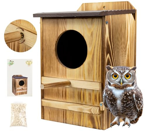 Eulenhaus für den Außenbereich, Kreisch-Eulenhaus, Vogelhaus, groß, handgefertigt, Holz, runde Öffnung, Kreischbox für draußen, mit Befestigungsschrauben und einer Tüte Holzspäne (Braun, 20,3 x 33 cm)