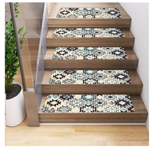QWFVHJ Treppenläufer-Teppich for Treppen, Treppenteppichläufer, 5er-Set, Rutschfester Treppenstufen-Teppich mit Gummirücken, böhmische Bunte Geometrie(Blue)