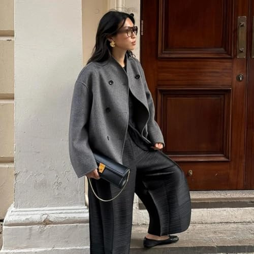 Cappotto corto di lana da donna, autunno e inverno, design doppio petto elegante con uso (S grigio)