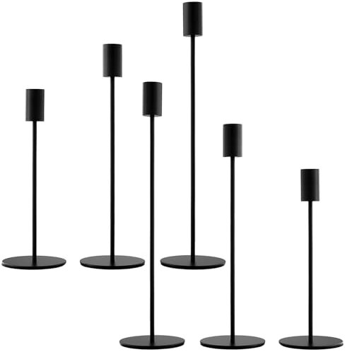 CHUIFAI 6 Stück Metall Kerzenständer Schwarz Matt, 3 Höhen Stabkerze Kerzenhalter Schwarz, Hoch Kerze Stand, Kegelkerzenhalter für Party, Hochzeit, Geburtstag, Abendessen