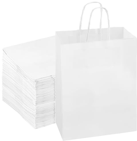 MANCHAP 100 st små vita papperspåsar, 15 x 8 x 21 cm vita presentpåsar med handtag för fest, bröllop, shopping