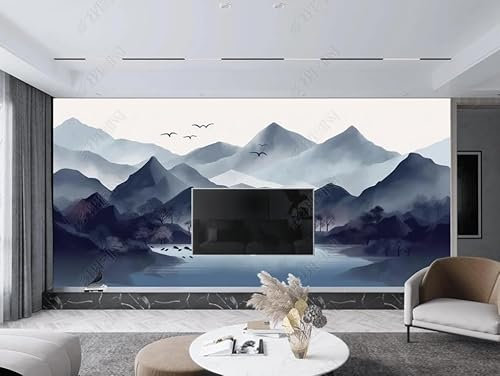 Papier Peint Intissé Encre De Chine Paysage Bleu Poster Tableaux Muraux Tapisserie Photo Trompe L'Oeil Salon Chambre Art Mural 400Cm(L) X280Cm(H)