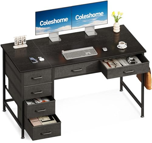Coleshome Schreibtisch mit 6 Schubladen, 120 x 48 cm Computertisch mit Stauraum, Umkehrbarer Kleiner Tisch mit Kopfhörerhaken für Home Office, Schwarz