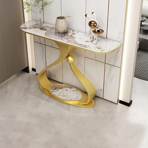 Qiydia Tavolo Consolle da Ingresso in Ardesia AntiGraffio, Tavolino da Divano A Mezzaluna con Base in Metallo, Tavolino da Esposizione Stretto per Soggiorno, Corridoio(100cm/39inch, Gold A)