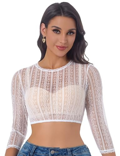 Adisno Dirndl - Camicetta da Donna, Dirndl Bluse, in Pizzo, Eegante e Meravigliosa, con Scollo Rotondo, Bianco, 38
