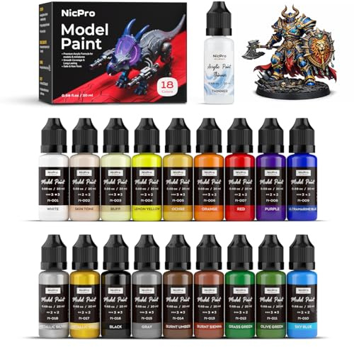 Nicpro Peinture Maquette Set 18 Couleurs x 20 ml, Prêt À L'Emploi Modèle Acrylique Peintures, Brosse & Aérographe Compatible, Peinture Set pour Débutant & Artiste,pour Modèles, Artisanat, 20ml Diluant