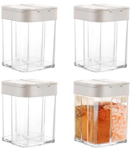 LOLYSIC 4-in-1 Gewürzstreuer, 4 Stück Camping Gewürzstreuer, Transparente Gewürzdose mit Deckel, Reisegewürzset, Gewürzgläser, Gewürzboxen-Organisator, Kochen zu Hause, Steak-Grillen (Weiß)