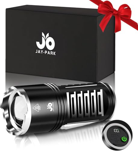 JAY-PARK Torches LED Super Bright 1000000 Lumens, High Power Torch Rechargeable with 10800mAh Battery and LCD Battery Indicator Display, 5 Modes, Zoomable Long Beam (3000m) IPX7 Waterproof for Camping