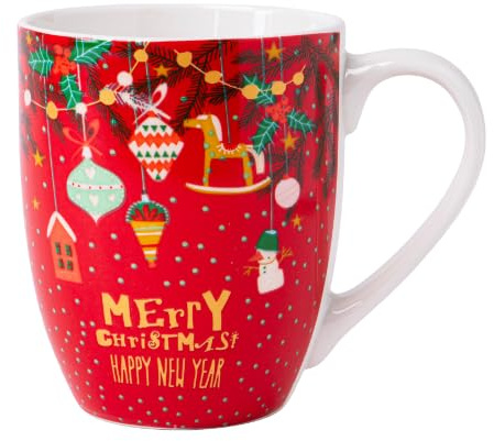 Christmas Mug 360ml Festive Ceramic Tea & Coffee Cup with Santa, Elves, Snow Scene & Holiday Ornaments for Hot Chocolate (H 11cm x W 5.5cm) Assorted Merry Christmas Designs (Hanging Ornaments)