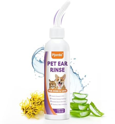 Pjordo Nettoyant Oreille Chien et Chat, Gouttes d'oreille de Chien, Élimine la Cire et Les Débris des Oreilles, Apaise Les Démangeaisons des Oreilles, Désodorise, Soins des Oreilles (120ml)