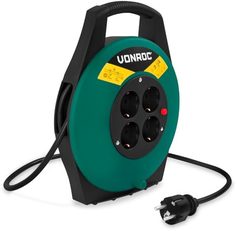 VONROC 10 m kabeltrumma – IP20 – PVC-kabel H05VV-F 3G1,5 mm² – 4 Schuko-uttag med jordning – 3 200 watt (utrullad)/1 100 W (rullad) – termoskydd