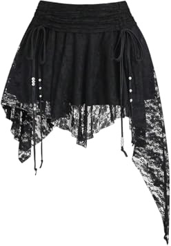 GORGLITTER Gotisk kjol damer spetskjol sexig minikjol med spets festival outfit Y2k kort kjol med volanger västerländsk outfit, svart, M