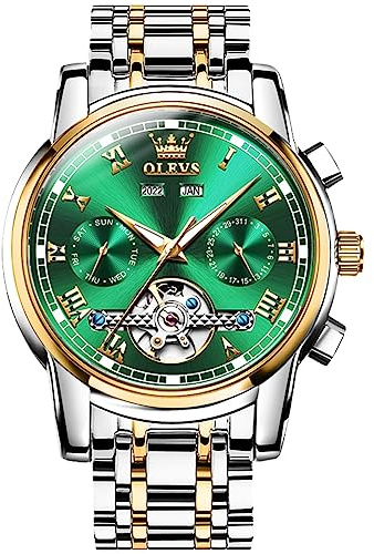 OLEVS Montre Homme Mécanique Automatique Tourbillon Calendrier Étanche Lumineuse Bicolore 6607-Vert/Doré