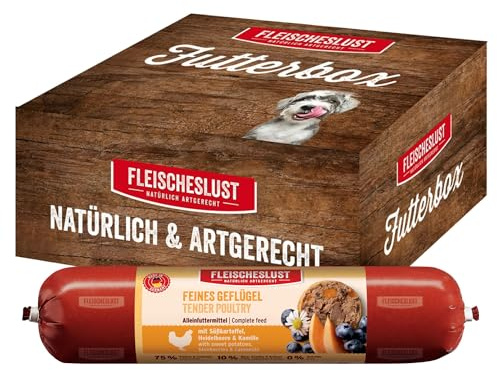 Fleischeslust Salsiccia per cani, pollame fine con patata dolce, mirtillo e camomilla come contenitore per alimenti (8 x 400 g), cibo per cani, salsicce bagnate, resistente al taglio e senza cereali
