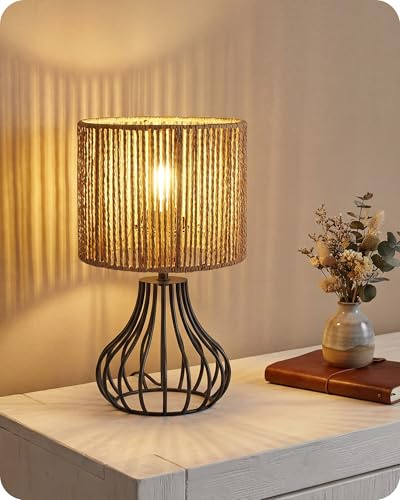 GOEBELSON Bedside Table Lamp, Black Metal Table Lamp with Rattan Paper Lampshade, Modern Bedside Lamps for Bedroom, Industrial Cute Desk Lamp, 4W 2700K LED Bulb Included ZSW10TLK05