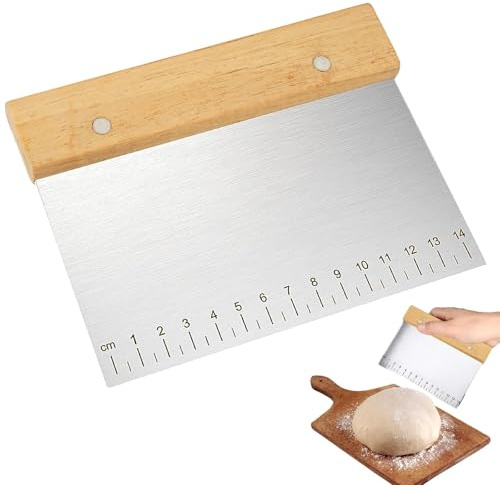 Dough Scraper 15 cm Cake Scraper with Wooden Handle and Measuring | Baking Accessories Pizza Dough Scraper Cutter Stainless Steel Griddle Scraper for Bread Bench Scraper