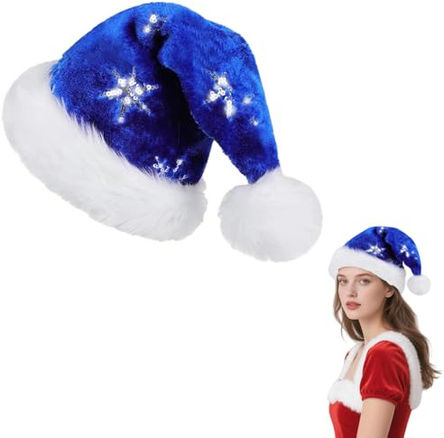 Richaa Velours Weihnachtsmütze Erwachsene mit Pailletten Schneeflocke, Weihnachtskopfschmuck Nikolausmütze Plüschkrempe