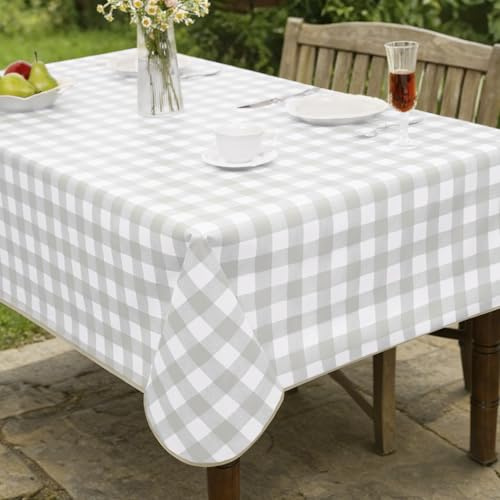 FIBORIA Grey Gingham Outdoor Vinyl Table Cloth Waterproof Wipe Clean Rectangle 140×200 cm PVC Table Cover Oilcloth for Patio,Balcony Coffee,Garden Everyday Use,Spring Easter,Summer Terrace Picnic