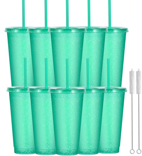 Yisituo 710ml Plastikbecher mit Deckel und Strohhalm,10 Stück für Erwachsene und Kinder Wiederverwendbare smoothie becher, perfekt für Partys, Strand und Poolpartys (10, Farben)