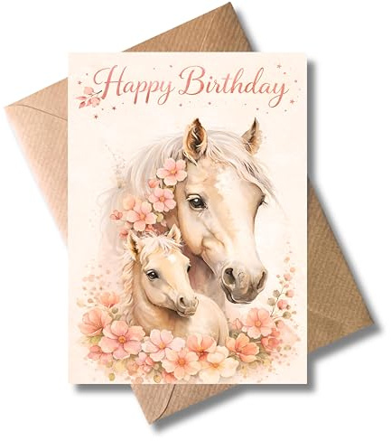 WBdesignz Geburtstagskarte Pferde mit Umschlag - Süße Pferdekarte „Happy Birthday“ mit Blumen, Stute und Fohlen - Glückwunschkarte für Pferdefreunde, Freunde & Familie zum Geburtstag (DIN A6)