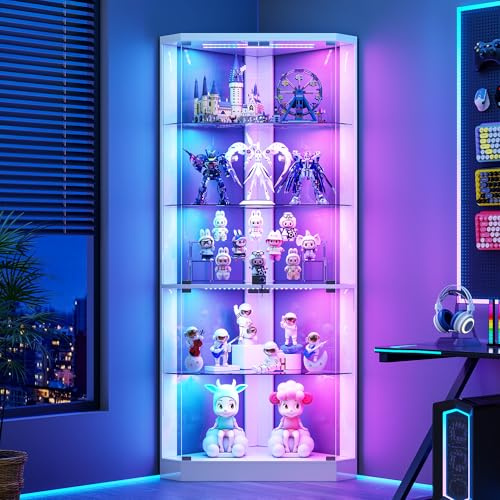 175cm 5-Lagen Eckvitrine mit LED Beleuchtung & Glastüren für Sammlervitrine | Glasvitrine mit Menschlicher Sensor für Schlafzimmer,Weiß