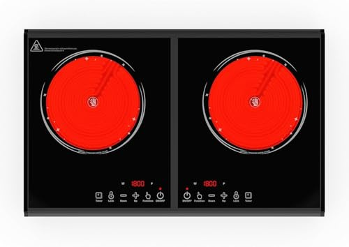 VBGK placa vitroceramica , 220V 3600W vitro portatil 2 fuegos encimera de 57 cm con 9 niveles de potencia, control táctil LED, protección contra sobrecalentamiento.