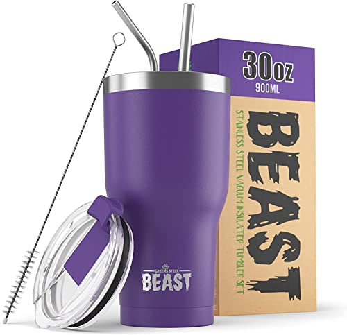 Beast Tumbler - 900 ml (30 oz), Purple | Reusable Stainless Steel, Vacuum Insulated Cup | with + 2 Straws & Cleaning Brush | Double Wall Travel Flask Perfect for Hot or Iced Coffee | BPA Free