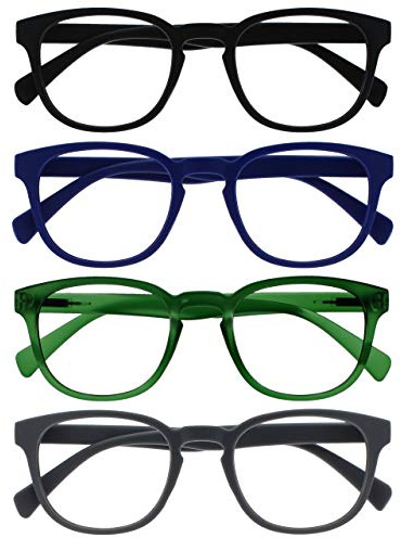 OPULIZE Pop Lesebrille 4er Pack Keck Rund Matt Rahmen Federscharniere Kratzfest Schwarz Blau Grün Grau Herren Damen RRRR2-1367 +1.00