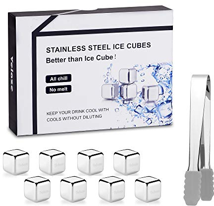 Velaze Ensemble de Glaçon INOX, Ice Whisky en Acier Inoxydable, Glaçon Reutilisable et sans Dilution, Cubes de 8 pièces avec Pince, Technologie de Refroidissement Elevée