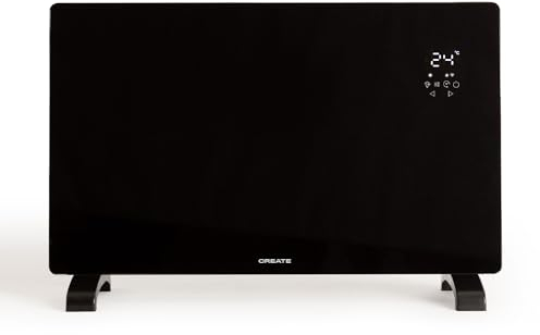 CREATE/WARM CRYSTAL 2000W / Elektrischer Konvektor aus Glas Schwarz/Mit WLAN, 2 Leistungen, 24-Stunden-Timer, Touchscreen, geräuscharm, IP24