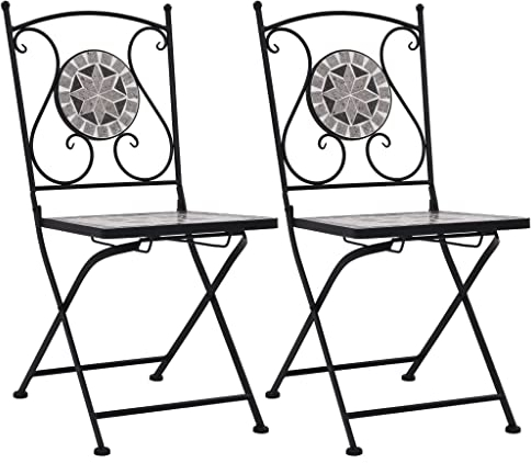 vidaXL 2X Mosaik Bistrostuhl Witterungsbeständig Gartenstuhl Balkonstuhl Gartenmöbel Stuhl Terrasse Mosaikstuhl Klappstuhl Faltstuhl Grau