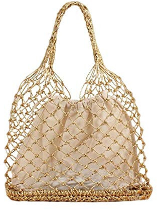 KAISHIN INS Nuova borsa da spiaggia solida per donna Borsa da shopping portatile in paglia all'uncinetto in rete (Oro)