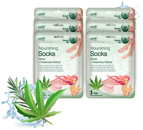 Epielle Nourishing Foot Mask 6 Pairs, Repair and Soften with Hemp & Rosemary Extract, Deep Moisturizing Socks for Dry, Cracked Feet, Self Care Gifts for Women, Spa Kit, Stocking Stuffers