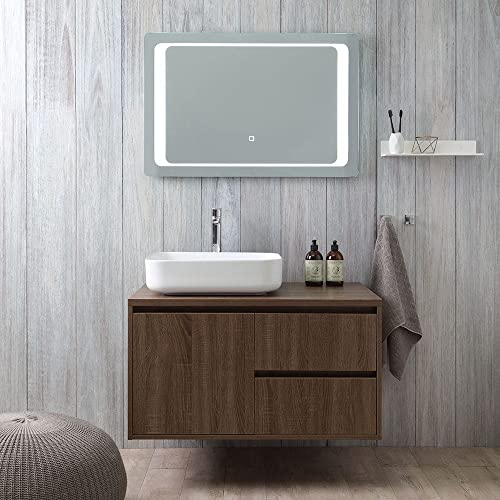 Kiamami Valentina - Mobile bagno sospeso 90cm anta e 2 cassetti noce scuro, lavabo appoggio e specchio led | Siena
