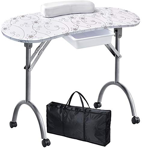 Kalolary Table à ongles de manucure portable et pliable, bureau de technicien de beauté avec roulettes, sac de transport, tiroir, éponge (blanc)