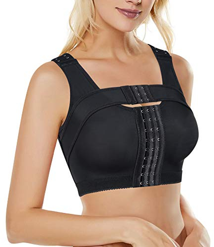 Bafully Women Post Surgery Front Closure Sports Bra with Breast Support Wirefree Racerback (Black, M)