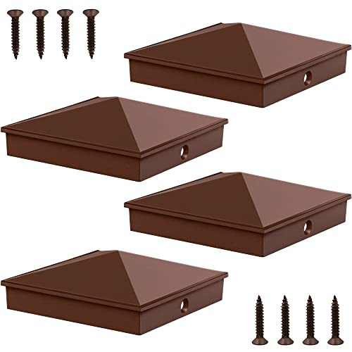 Azdele 4x4 Heavy Duty Aluminum Pyramid Post Caps Cover for 4x4 Nominal Wood Post(True 3.5 x 3.5), with Matte Finish Powder Coated Surface, Fence Wood Post of Decks or Corridors, Brown, 4 Pack