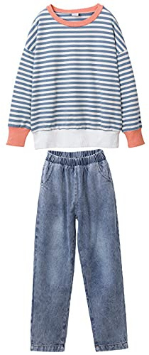 amropi Niña Jogging Chándales Rayas Sudadera y Pantalones 2 Piezas Conjunto de Ropa Marino Azul,11-12 años