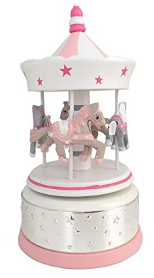 Valenti - Giostra grande de madera con base de plata laminada de color rosa con caballetes y Carillon cód: 21089 RA