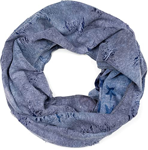 styleBREAKER Unisex Loop Schal Denim Sterne Destroyed | 79x40 cm Maß, 2- bis 3-mal um den Hals wickelbar, ausgefranste Risse im Oberstoff, Vintage Used Look, kratzfreies Gewebe.
