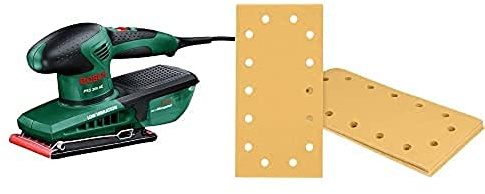 Bosch DIY Schwingschleifer PSS 300 AE (inkl. Schleifblatt P120, Bosch Microfilter, Koffer) + 10x Schleifpapier Expert C470 mit 14 Löchern (für Hartholz, Farbe auf Holz, Körnung 120)