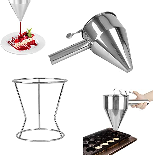 EMAGEREN Pfannkuchen Teigspender 1.2L Edelstahl Teigportionierer Kolbentrichter Fülltrichter Batter Trichter Likörtrichter Fondanttrichter Backtrichter mit Rack für Home Kitchen Bäckerei