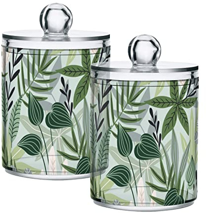 Mnsruu 4 Pack Cotton Swab Holder with Lid Tropical Leaves Green Qtip Cotton Buds Ball Dispenser Bathroom Containers Canister Organizer Storage Jar
