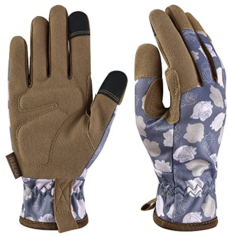 Gartenhandschuhe für Frauen und Männer, Touchscreen Gartenhandschuhe, Dornenfeste und Durchstichfeste Arbeitshandschuhe, Gartengeschenke für Frauen (braune Blume, L)