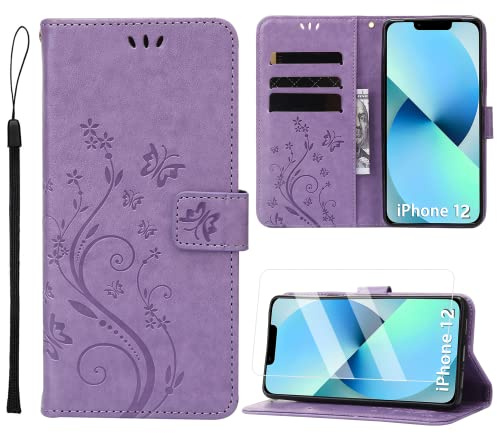 Anshow for iPhone 12 Case Wallet with Wrist Strap, with Screen Protector, Flip Leather Case with Cards Holder Phone Case with Kickstand Cover for iPhone 12/12 Pro, Purple