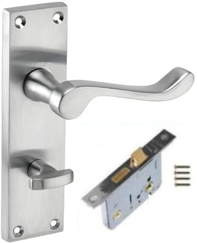 Golden Grace Victorian Scroll Bathroom Door with Lock, Brushed Chrome | Includes 64mm mortise lock, spindles, and screws for quick fitting on standard doors using a 150mm x 40mm metal backplate.